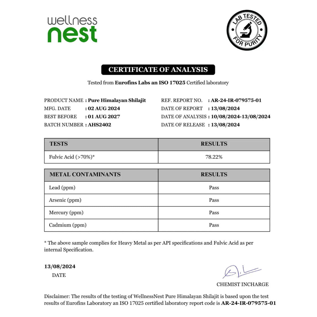 Certificate of Analysis - Eurofins Labs ISO 17025 - Pure Himalayan Shilajit, 78.22% Fulvic Acid